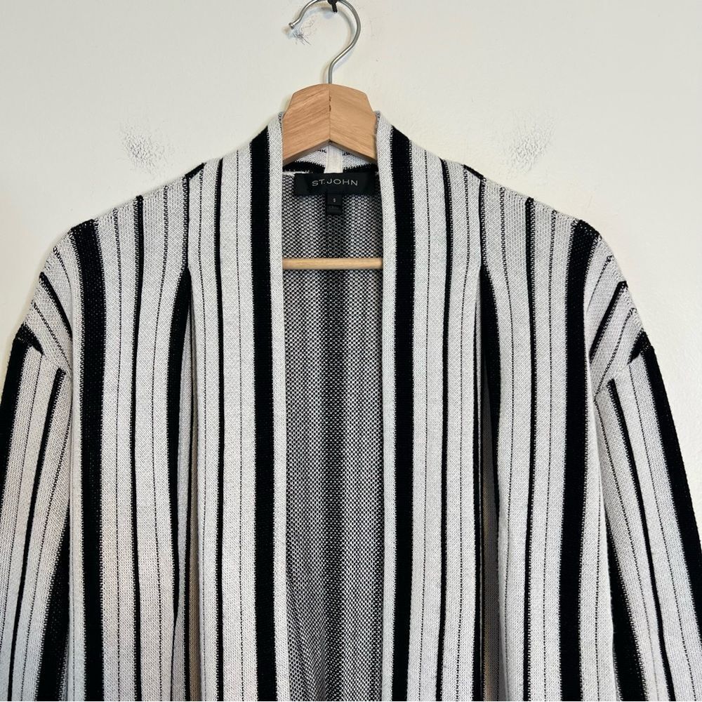 St. John Wool Cashmere Blend Open Front Cardigan Sweater Black White Stripe Sz S - Picture 3 of 10